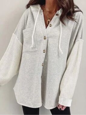 NWOT Cozy Button-Front Hooded Sweater Jacket - Cream & Gray Size 2XL Nice